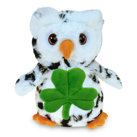 DolliBu Super Soft White Owl Bird Stuffed Animal with Green Plush Shamrock, Cute Green Shamrock Plush, Fun St Patricks Day Stuffed Animal Owl, Good Luck St Patricks Day Toys for Kids, Baby - 8.5 Inch
