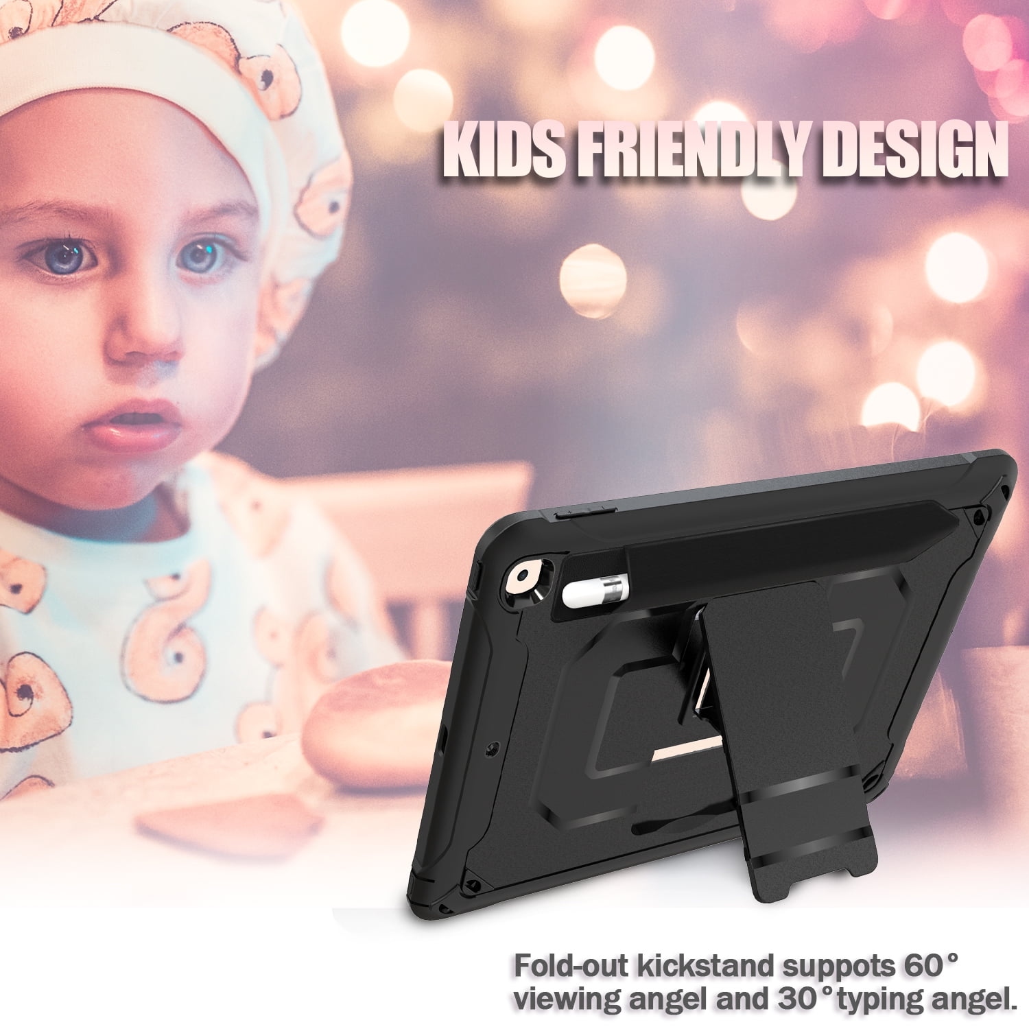 Allytech iPad Mini 1 2 3 Case for Kids, Heavy Duty Protection Pencil Holder Shockproof Anti-Scratch Bumper Multi Angle Viewing Stand Defender Back Cover Ccase for Apple iPad Mini 3 2 1,Black