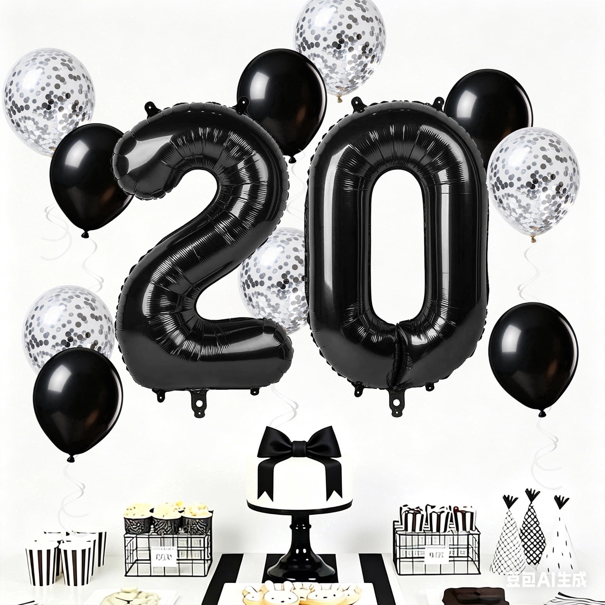 Black 20th Birthday Decorations Big 32 Inch 20 Foil Balloons with Confetti Silver Dots Latex Balloons for Girls Boys 20 Year Old Birthday 20th Anniversary Party Supplies