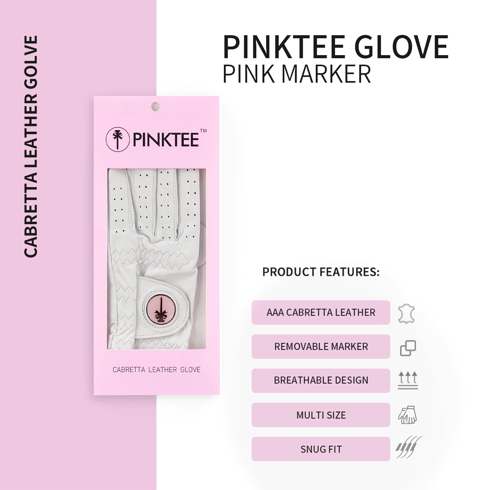 PINKTEE Womens Golf Glove White Left Hand Cabretta Leather with Ball Marker Full Finger Fit Size s m L Xl
