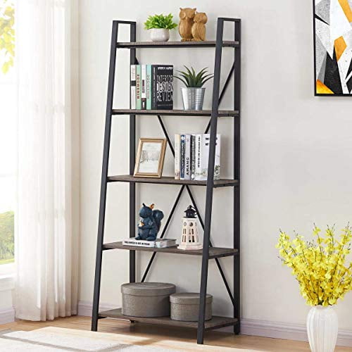 BON AUGURE Industrial Ladder Shelf Rustic 5 Tier Leaning