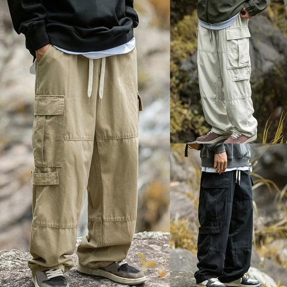 BADHUB Mens Multiple Pockets Cargo Pants Drawstring Wide Leg Baggy Outdoor Hiking Trousers Beige XL