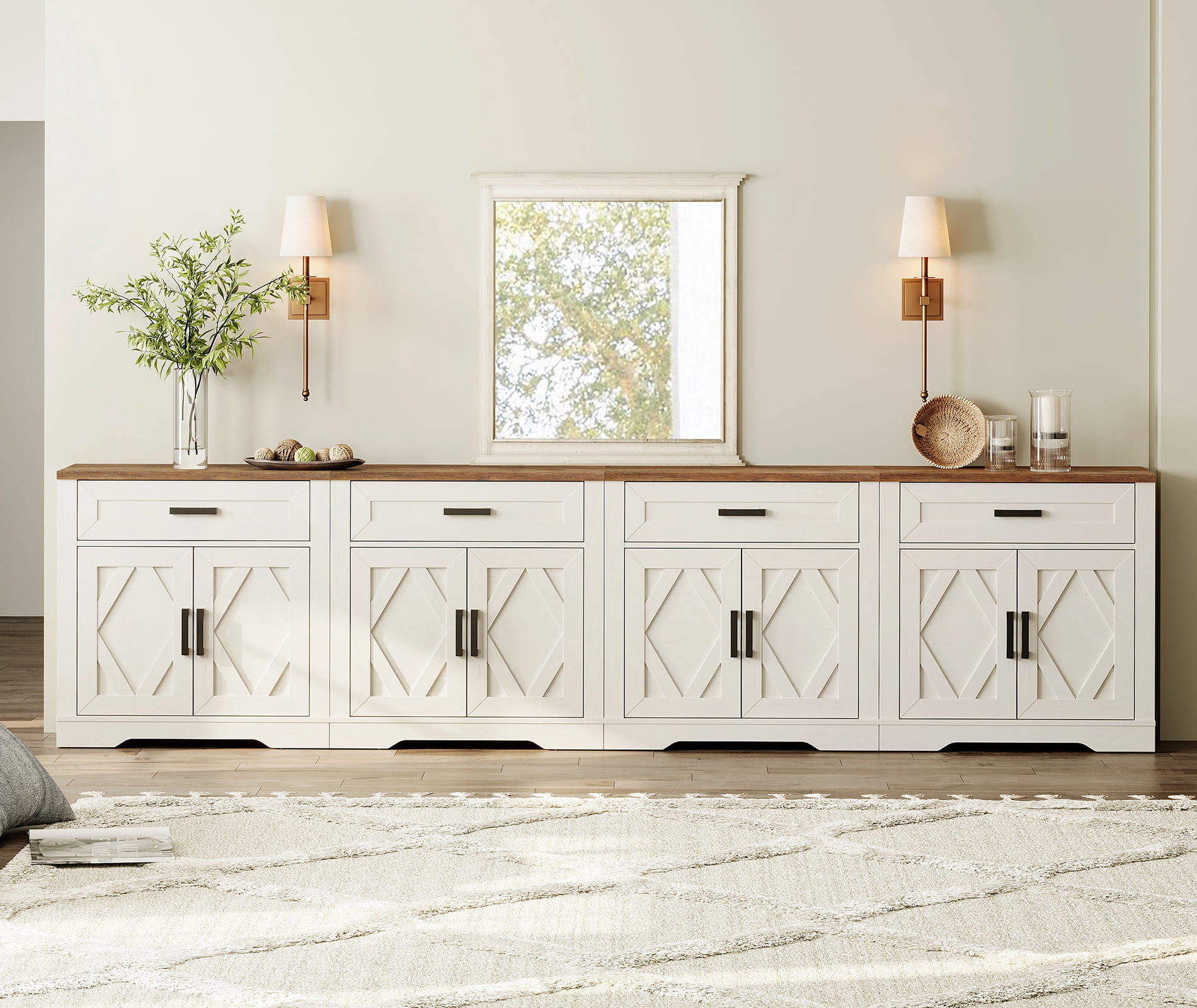WAMPAT 126"W Large TV Stand,4-in-1 Farmhouse Entertainment Center with Storage Barn Door Cabinet,TV Console Table with Media Cabinet and Drawers for Living Room,Bedroom,Cream White
