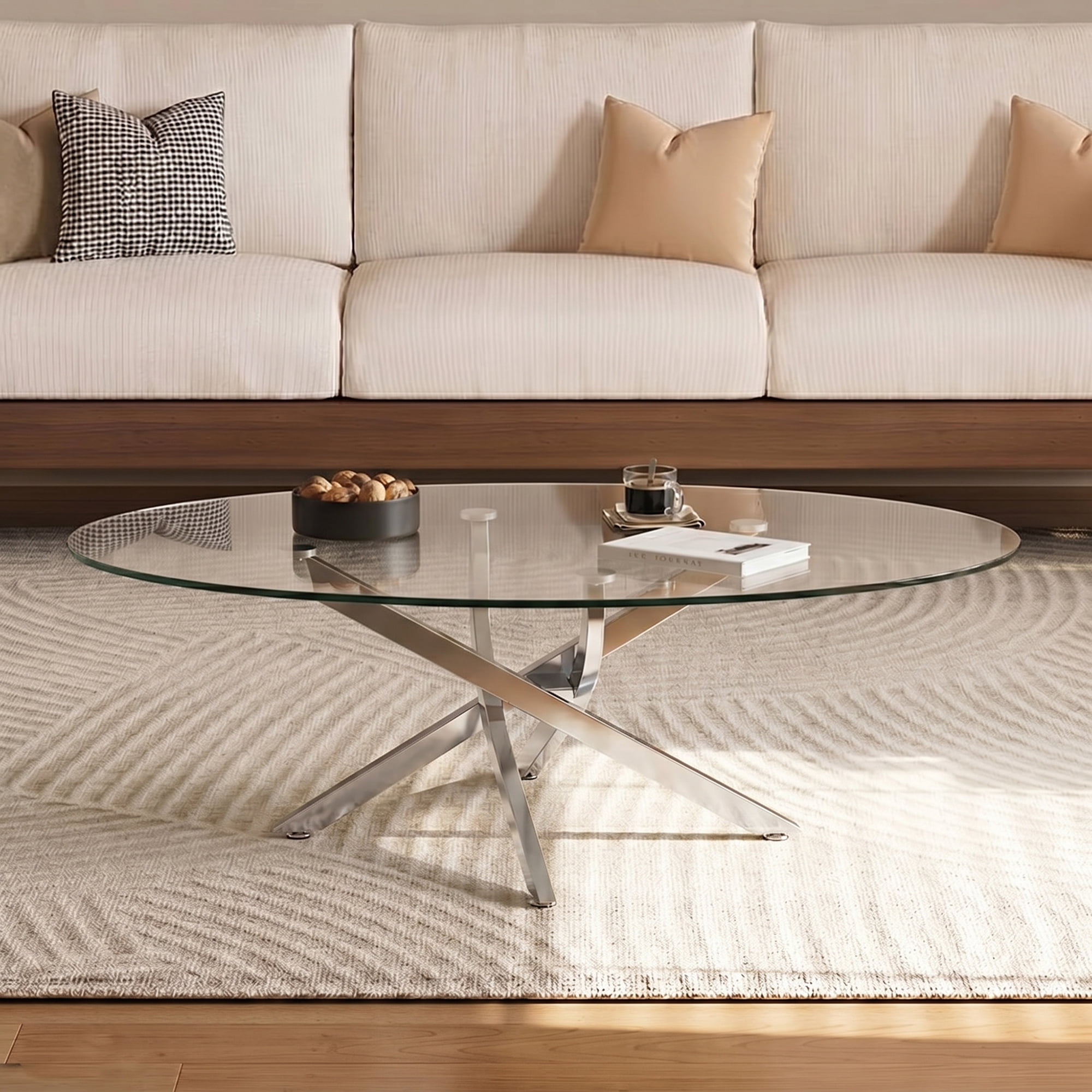 Oval Coffee Table with Tempered Glass Top and Silver Metal Legs, Modern Side Table and Tea Table for Living Room, 39.37 Inch, Silver