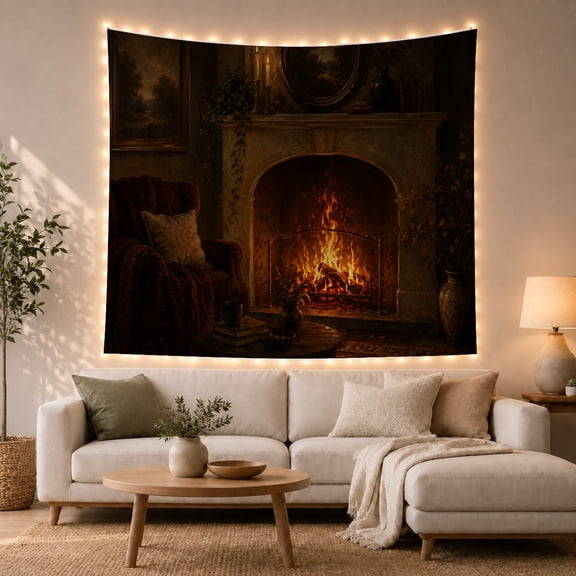 Roaring Fireplace in Stone Hearth, Cozy Rustic for Home Decor Lovers, Traditional Interior Wall Art, Christmas Gift Tapestry Wall Hanging for Living Room and Bedroom