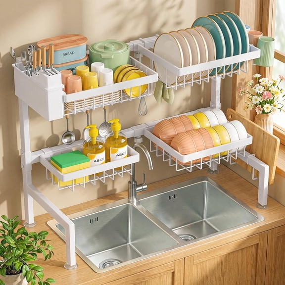 4 Baskets 2-Tier Over The Sink Dish Drying Rack, 26.57"-35" White | Large Sink Rack for Kitchen, Extensible and Adjustable, Saving Kitchen Space