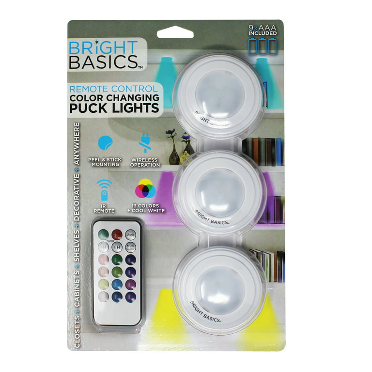 Bright Basics 3 Pack Ultra Thin Wireless LED Puck Lights w/ Remote