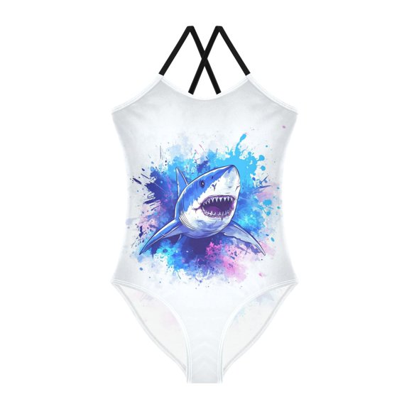 Girls' One-piece Swimsuit Cross Back Bathing Suit Beach Surfing Sizes 3T-10T Angry Shark