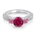thumbnail image 2 of Gem Stone King 925 Sterling Silver Red Created Ruby Pink Lab Grown Diamond and White Moissanite Engagement Ring for Women (2.13 Cttw, Gemstone July Birthstone, Round 7MM and 4MM, Size 7), 2 of 3