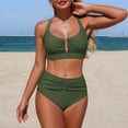 thumbnail image 4 of BRGZLK Women High Waisted Bikini Sets Summer Casual Solid Color Tummy Control Ruched Swimsuit Triangle Bikini Bottom Sports Tankini Two-Piece Swimsuit Set Army Green L, 4 of 5