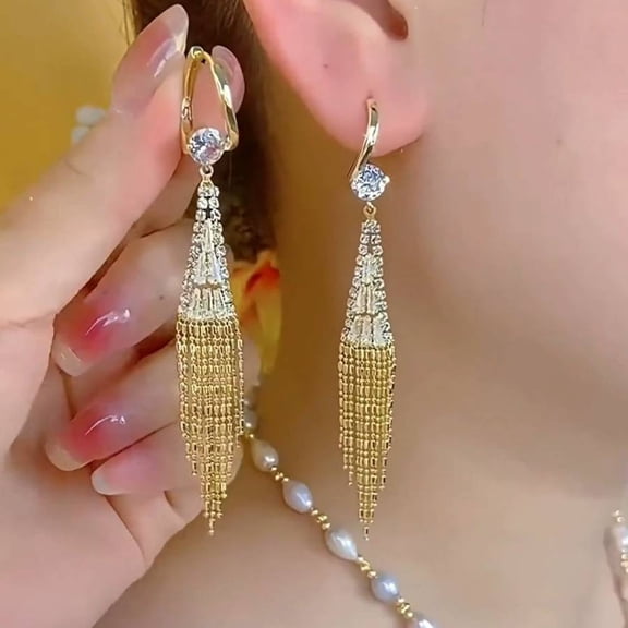 Sparkly Cubic Zirconia Tassel Hoop Earrings, Gold Fringe Dangle Earrings for Weddings