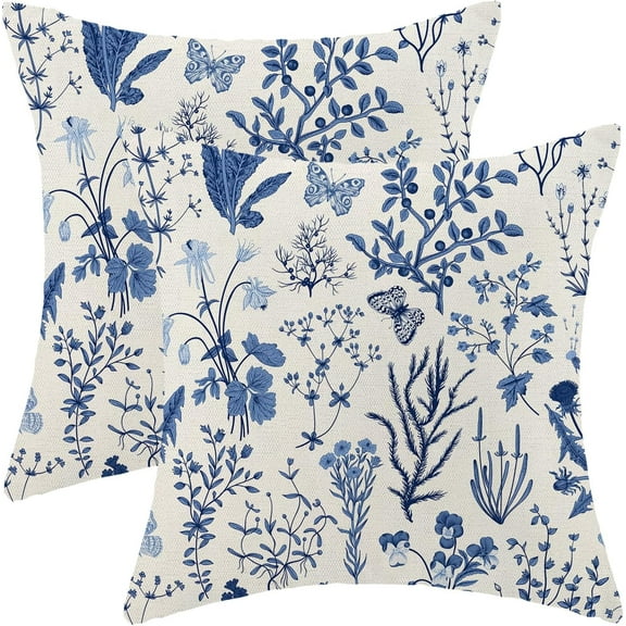 Summer Pillow Covers 18x18 Inch Set of 2,Navy Blue Wild Flower Plant Throw Pillows Case,Seasonal Floral Outdoor Decorative Square Linen Farmhouse Decor Cushion Covers for Home Couch Sofa Bed