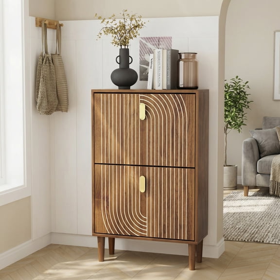 Smart FENDEE Shoe Cabinet with 2 Flip Drawers, Shoe Rack for Entryway, Hallway, Living Room, Walnut