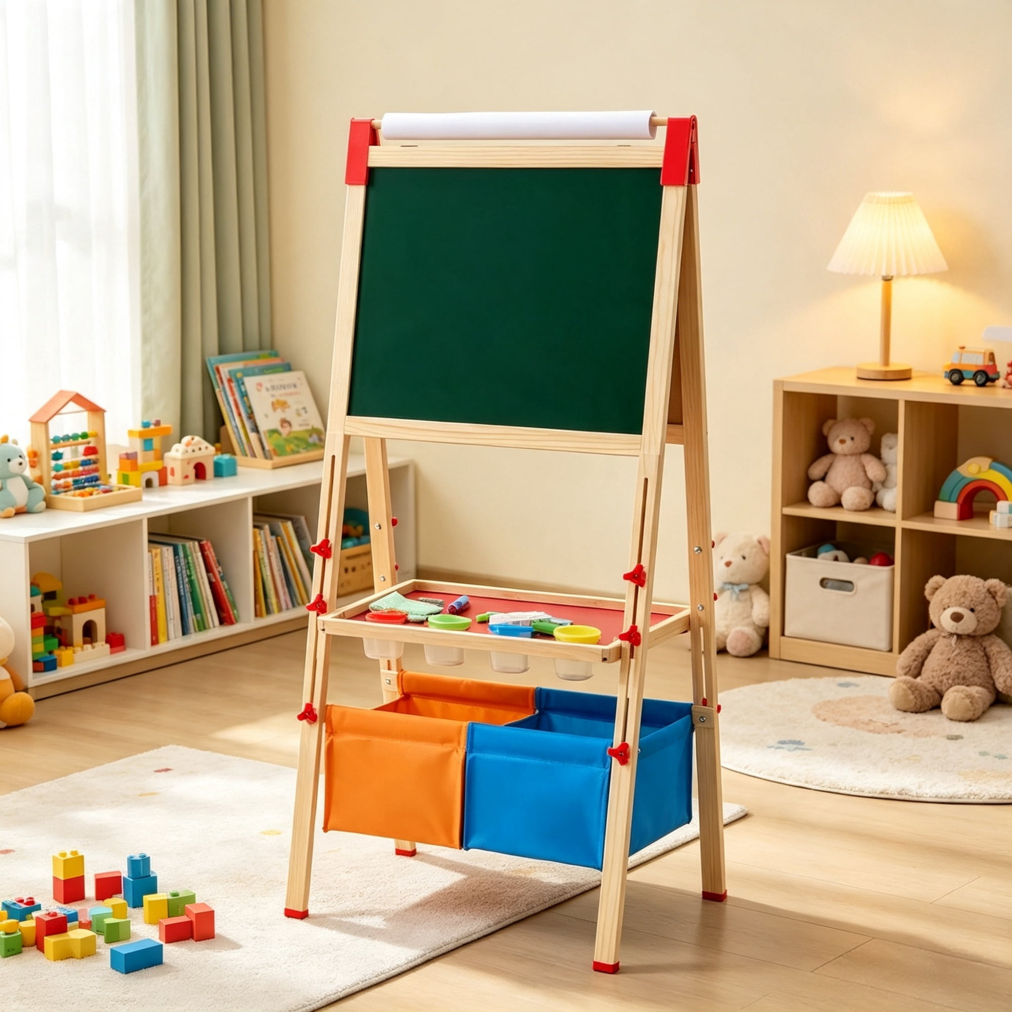 3 in 1 Kids Art Easel, Wooden Double-Sided Magnetic Whiteboard & Chalkboard with Paper Roll, Adjustable Standing Drawing Board with Painting Accessories, for Boys Girls