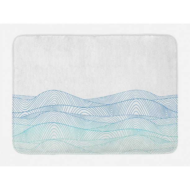 Blue and White Bath Mat, Ocean Seascape Abstraction with Wavy Line ...