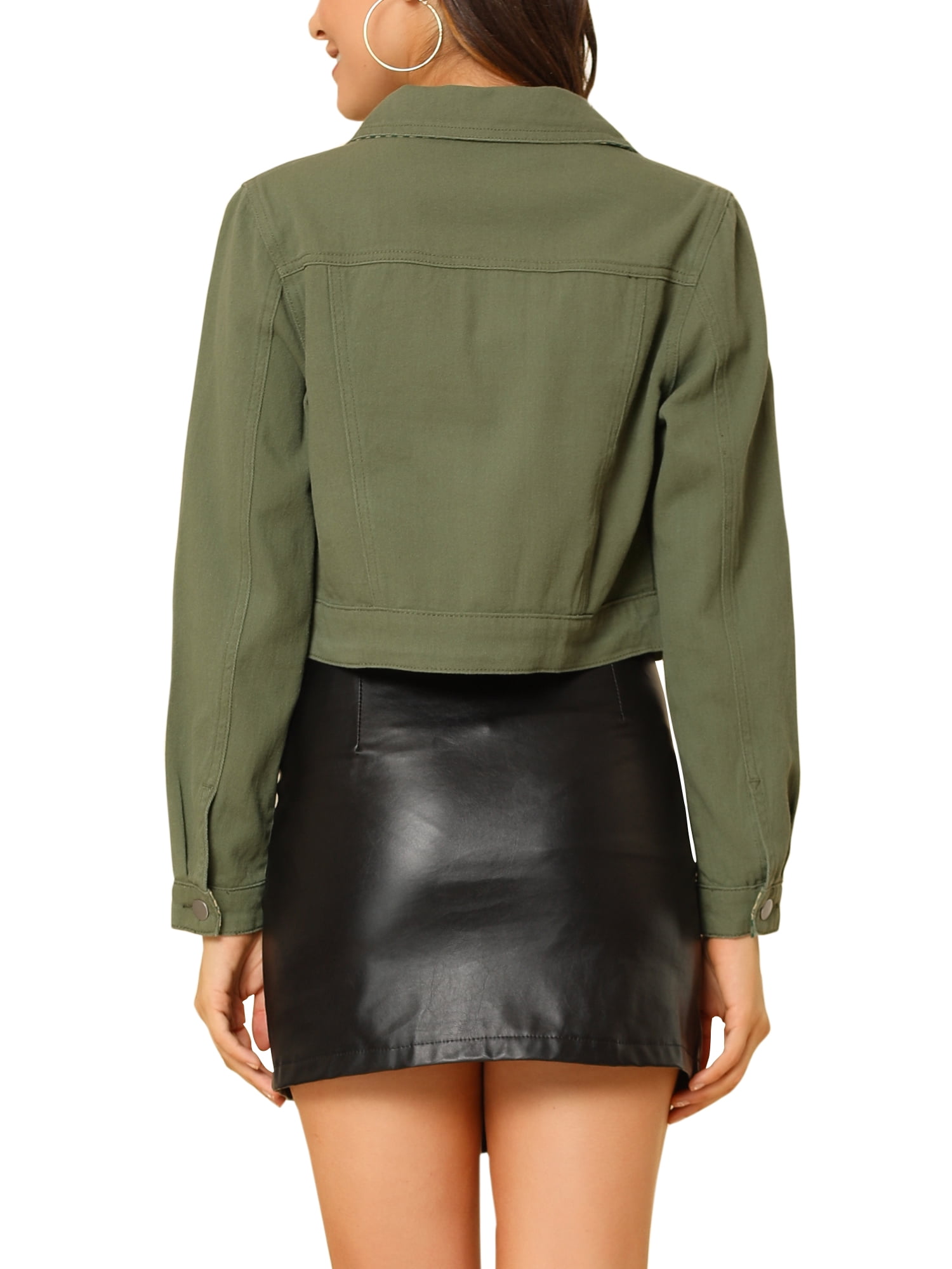 DARING DIVA Women's Button Down Long Sleeve Cropped Denim Jacket L Olive Green