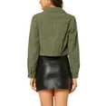 thumbnail image 3 of Chaquetas de mezclilla recortadas para mujeres INSPIRE CHIC con bolsillo en el pecho, con ribete a cuadros, chaqueta de mezclilla abotonada 2XL verde oliva, 3 of 7