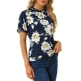 thumbnail image 4 of INSPIRE CHIC Women's Blouse Floral Ruffled Short Sleeve Ruffle Neck Casual Blouses L Dark Blue, 4 of 6