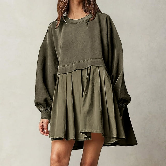 EQWLJWE Robe Chandail en Molleton Surdimensionnée pour Femmes Patchwork Col Rond Manches Longues Chandail Tops Chandail en Molleton Plissé Mini Robe Noire Robes pour Femmes