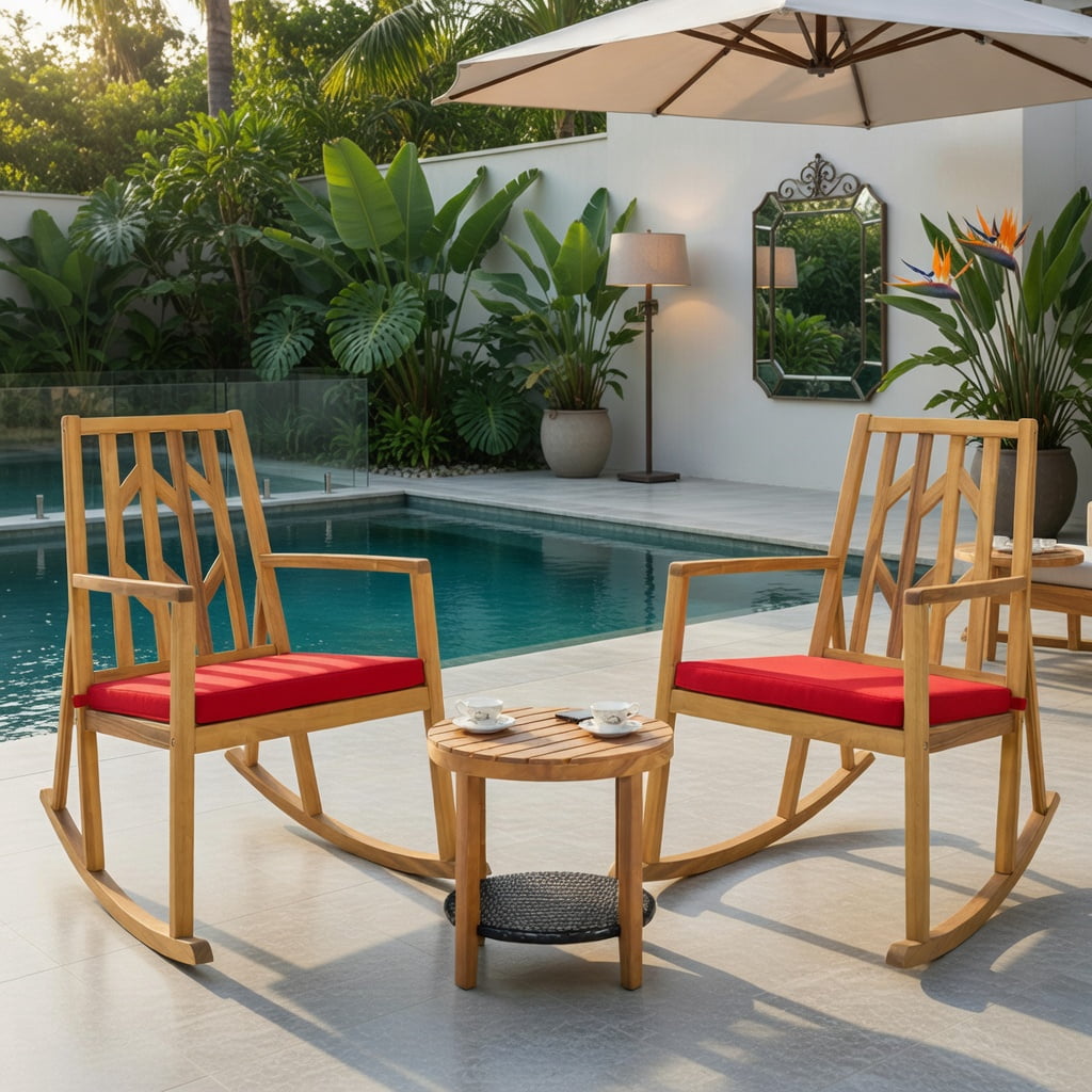 Hommoo Acacia Wood Patio Rocking Chair Sofa with Removable Cushion, Natural Wood Frame, Outdoor Garden & Deck Seating for Backyard, Poolside, Porch, Red