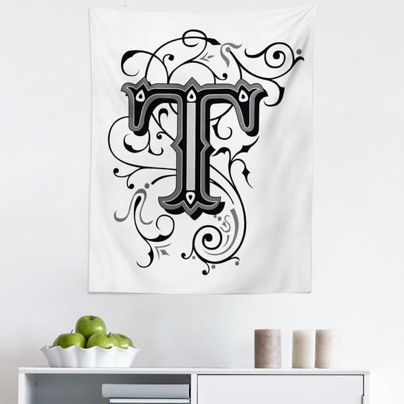 Letter T Tapestry, Symmetrical Uppercase Letter in Renaissance Art Style Ornamental Monochrome, Fabric Wall Hanging Decor for Bedroom Living Room Dorm, 5 Sizes, Black Grey White, by Ambesonne
