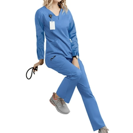 

Woman Scrubs Set 2-Piece V Neck Long Sleeves Uniform with Pockets Non-Sticky Hair Workwear for Pet Hospital