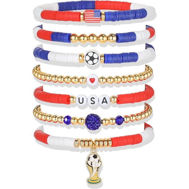 YanonmyfdWorld Soccer Game-day Cup Bracelet Stack Set 7pcs Softball/Baseball/Basketball/Soccer/Volleyball/Tennis/Football Stretch Sports Fans Jewelry Sports Beaded Bracelets with Charms,S-USA