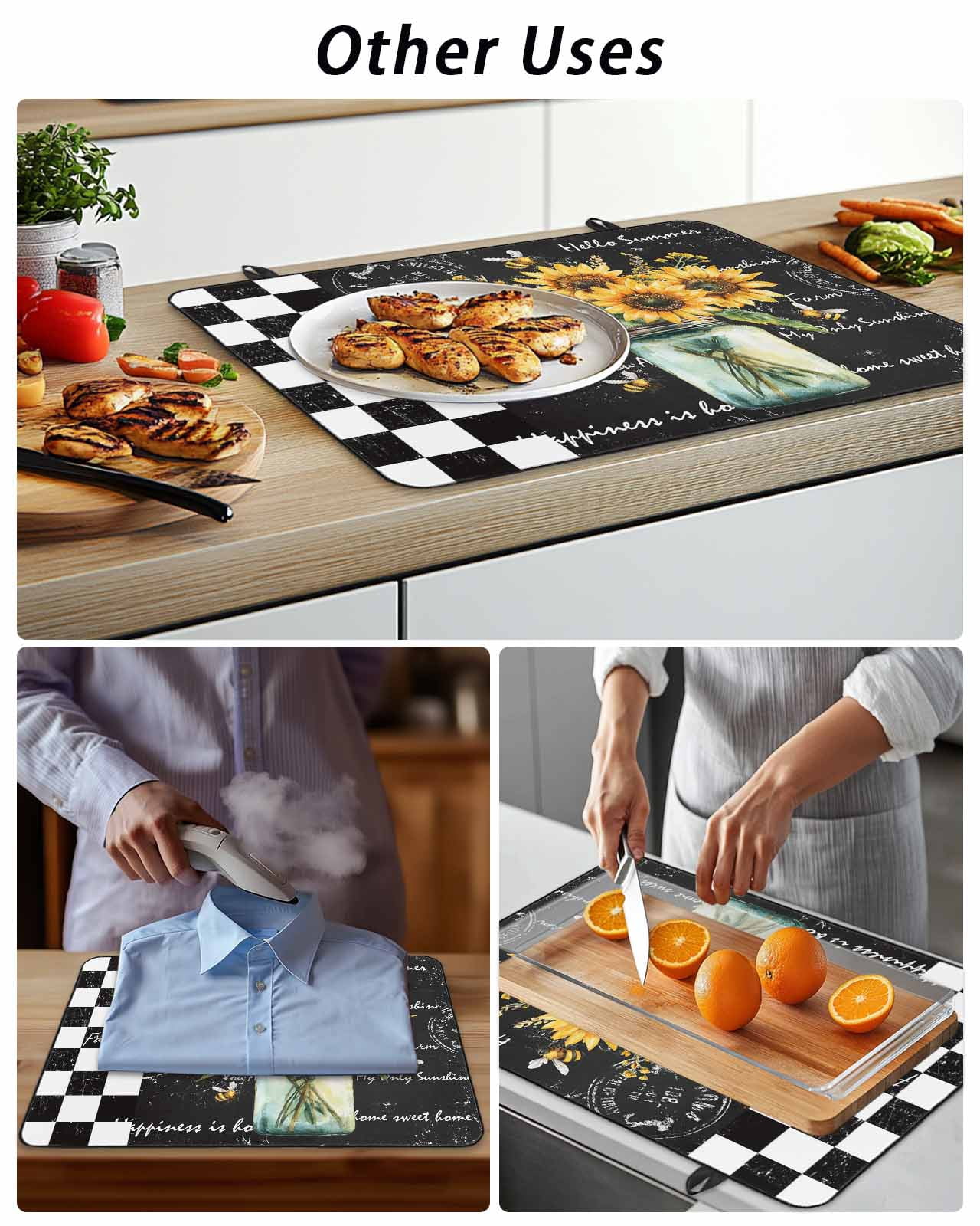 Stove Top Covers for Electric Stove, Sunflower Glass Stovetop Cover Protector, Black White Check Farmhouse Bee Vase Floral Induction Cooktop Protector Oven Mat for Kitchen Countertop 24"x21"