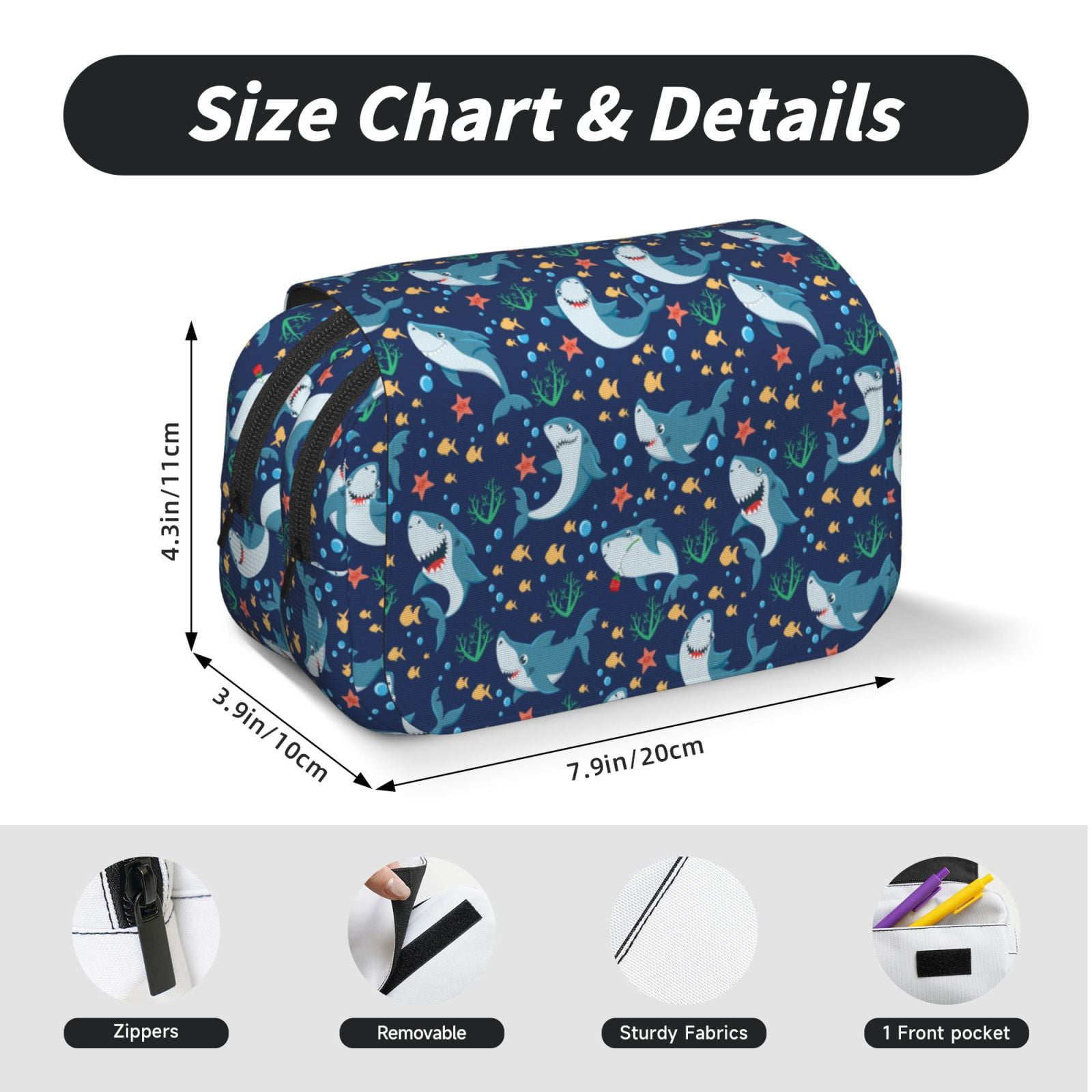 Rateoe Sea Sharks Pattern Double Clamshell Pen Case, Storage Organizer with Two Zipper Compartments– Holds Up to 50 Pencils & Pens