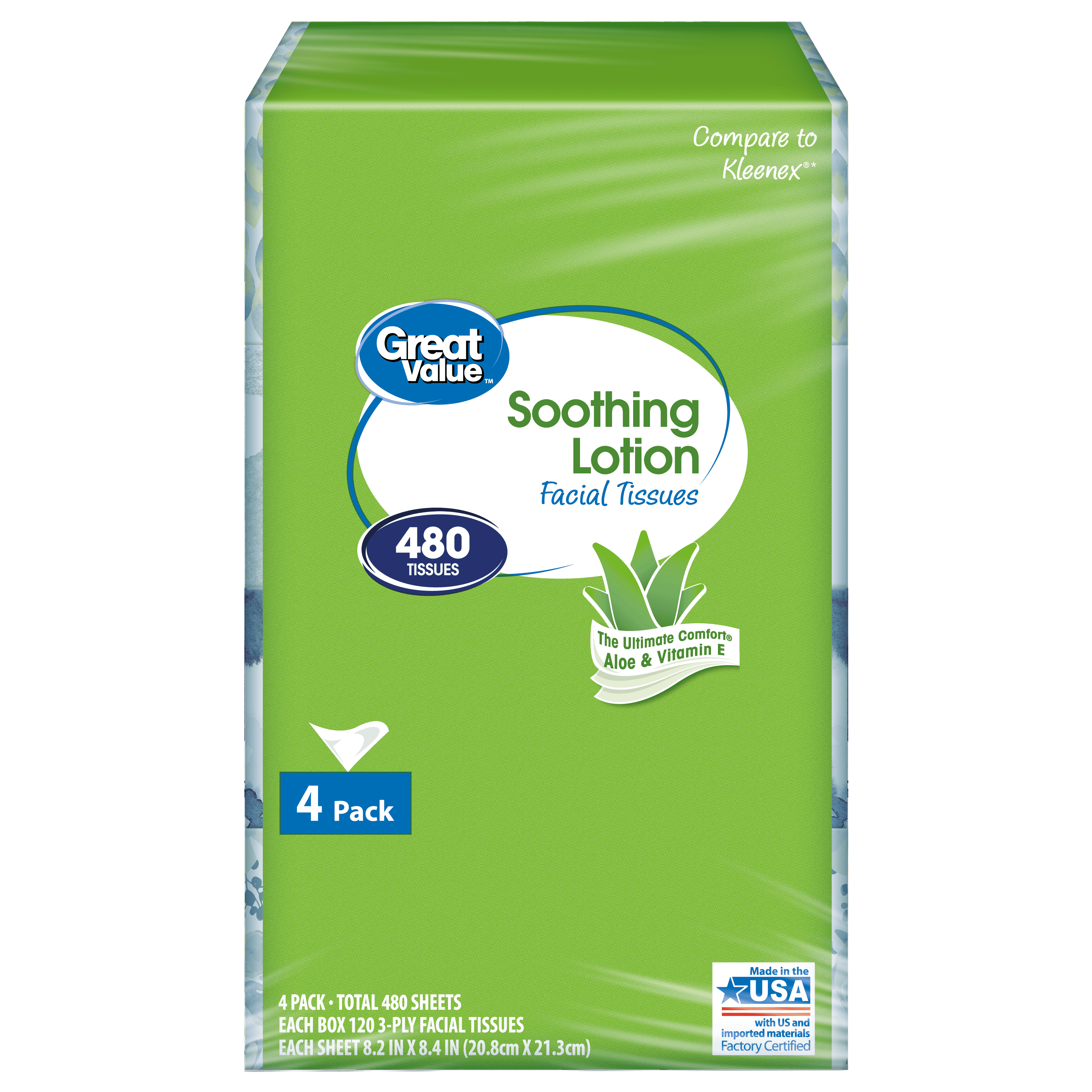 Great Value Soothing Lotion Facial Tissues, 4 Flat Cartons, 120 Tissues per Carton