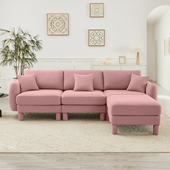 Boucle Fabric L Shape Sectional Sofa With Removable Ottoman And Shell Shaped Armrests Modern 3 Seater Couch For Living Room Pink