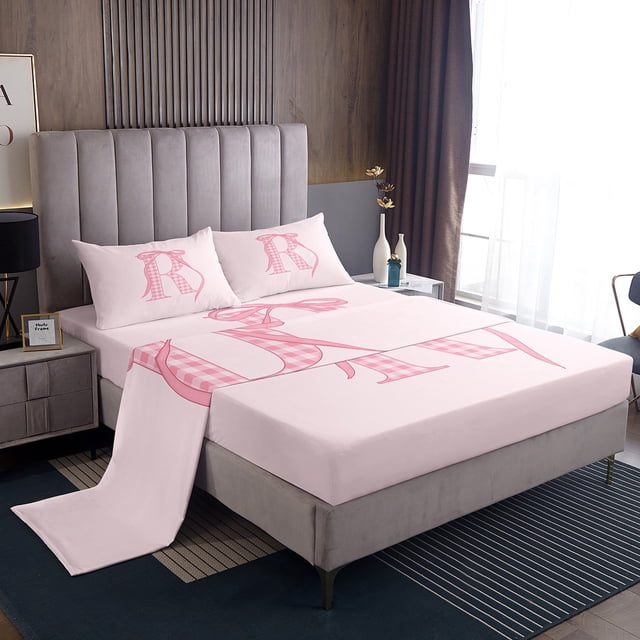 Erosebridal Teens Monogrammed Full Sheet Sets, Initial R Letter Bedding Full Size, Pink Bowknot Decor