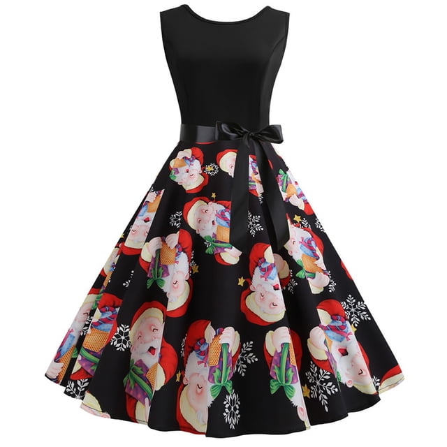 HKEJIAOI Robe Fleurie pour Femmes Robe d'Anniversaire pour Femmes Imprimé Vintage Sans Manches Col en V Robe de Soirée de Noël Robe Évasée Noire Rabais Liquidation