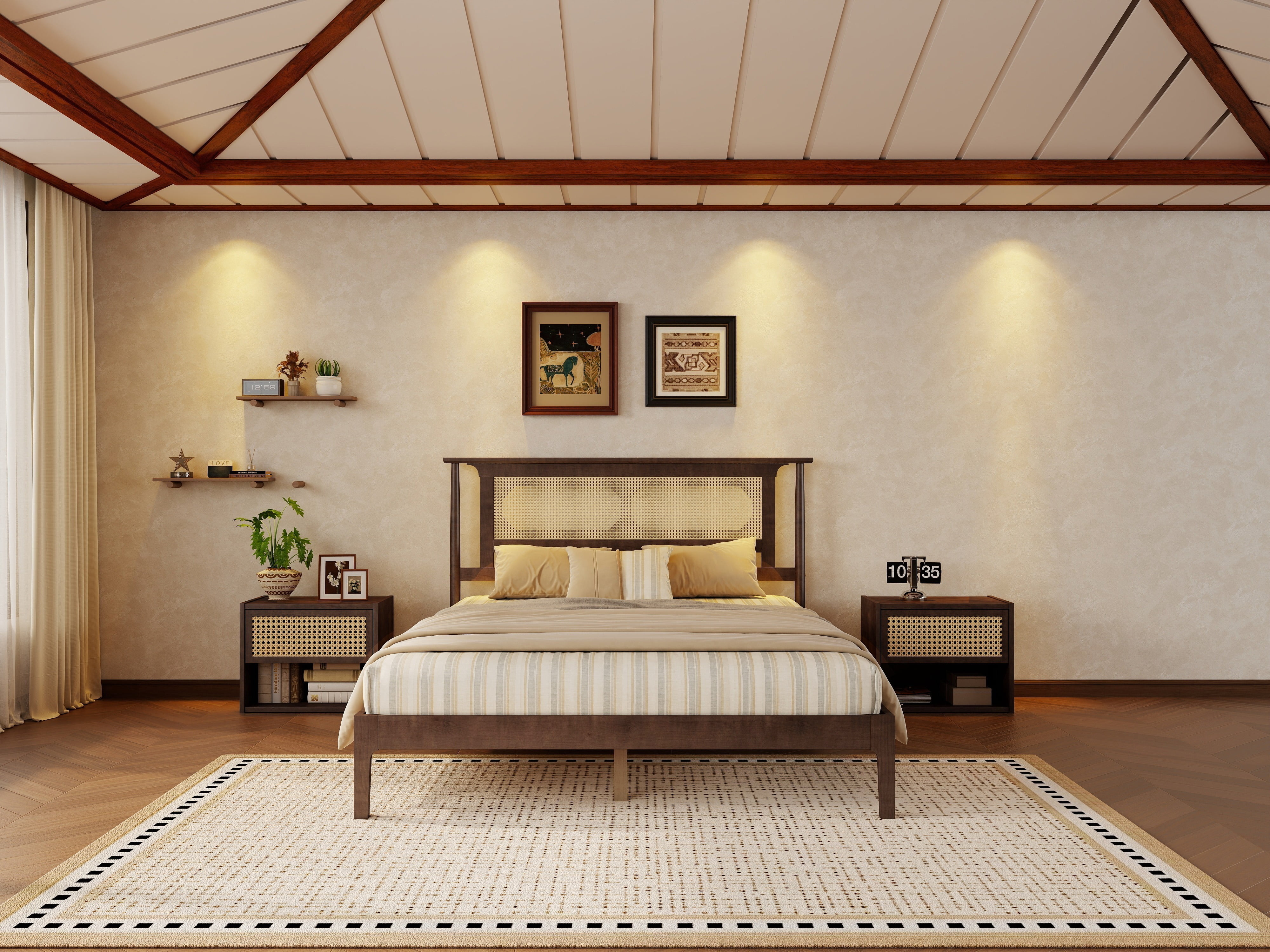 Mintazer Vintage Queen Size Pinewood Platform Bed Frame with Rattan Headboard for Bedroom,No Box Spring Needed, Walnut