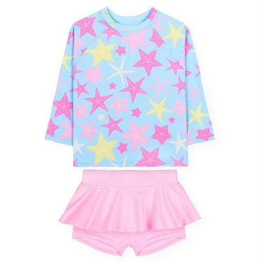 WOYY Girls 2-Piece Long Sleeve Rash Guard Skorts Swimsuit UPF 50  Bathing Suit, Sizes 5-6