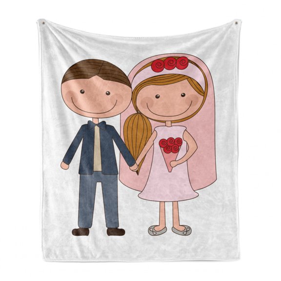 Engagement Party Soft Flannel Fleece Blanket, Cartoon Illustration of Newlywed Groom and Blonde Bride with Side Ponytail, Cozy Plush for Indoor and Outdoor Use, 50" x 70", Multicolor, by Ambesonne