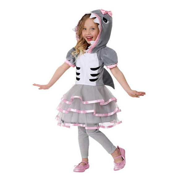 Halloween Girls' Shark Animal Fancy Dress Outfit Hooded Romper Jumpsuit Dress for Holiday Birthday, XL, Grey