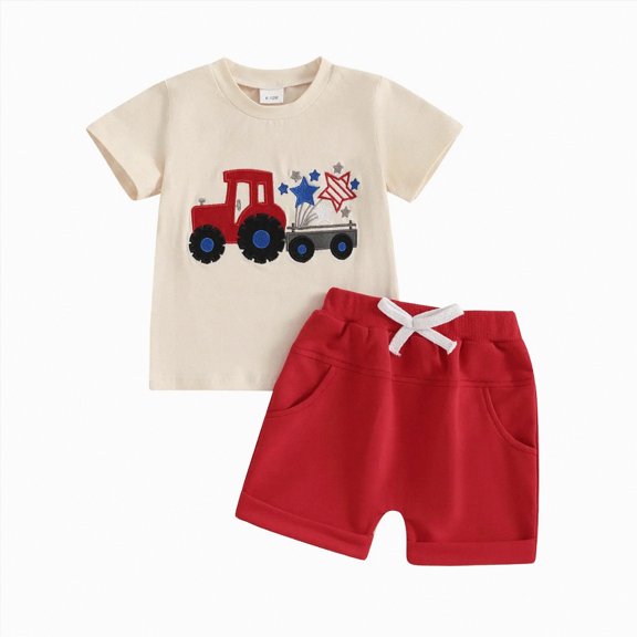 kpoplk Baby Boys 2Pcs Summer Outfits Short Sleeve T-Shirt Tops Elastic Waistband Shorts Set Toddler Clothes(Red,18-24 M)