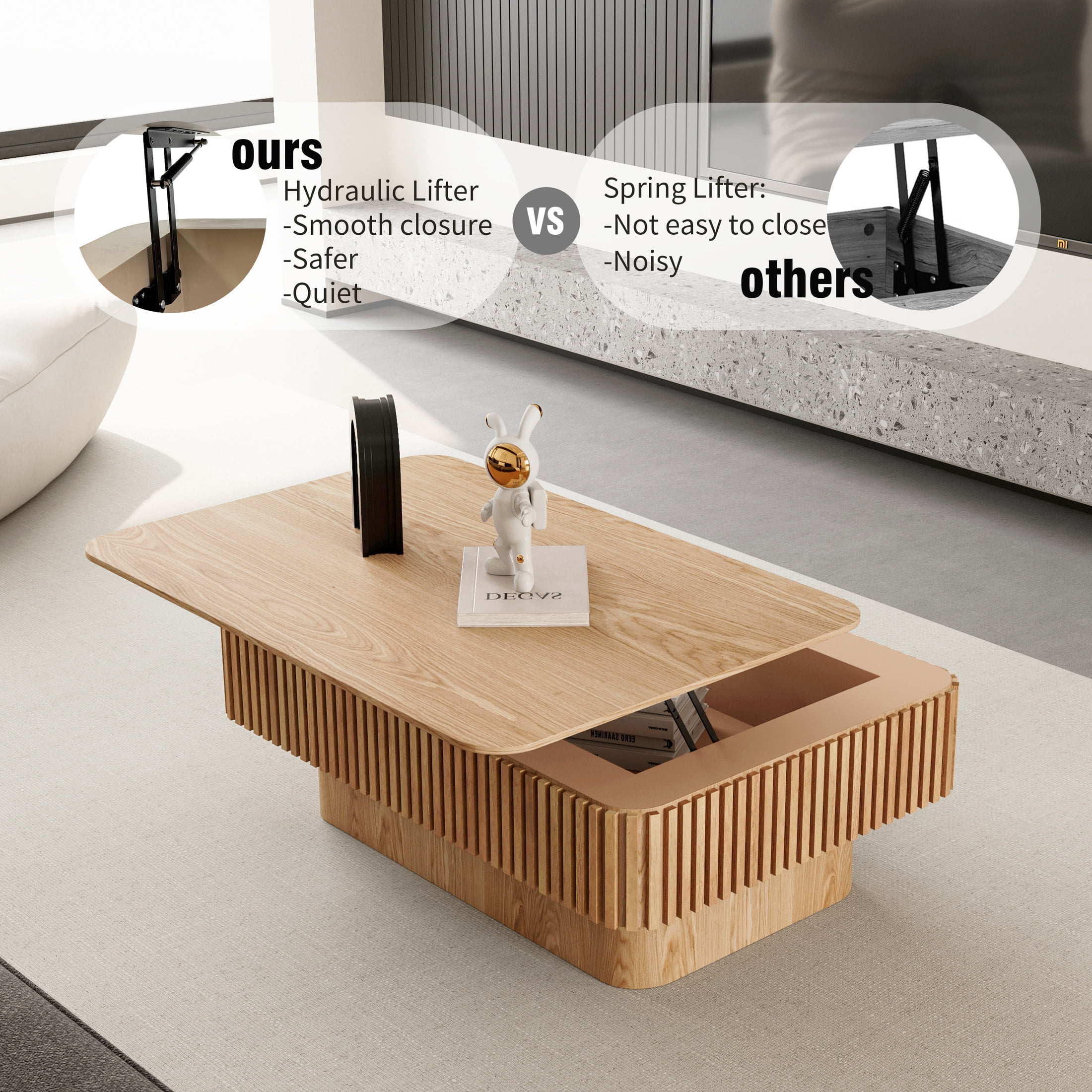 Noble House Leigh 38.6" Fluted Lift-Top Coffee Table with Adjustable Height, Hidden Storage, for Living Room, Natural