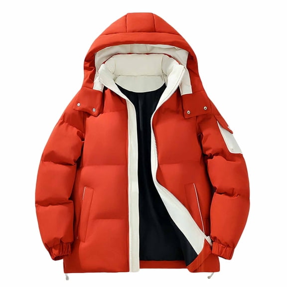 qucoqpe Winter Coats for Men 2025 Winter Fashion‌ Colorblock Patchwork Sports Parkas Long Sleeve Zip Up Windproof Jacket Pocketed Coats with Detachable Hooded