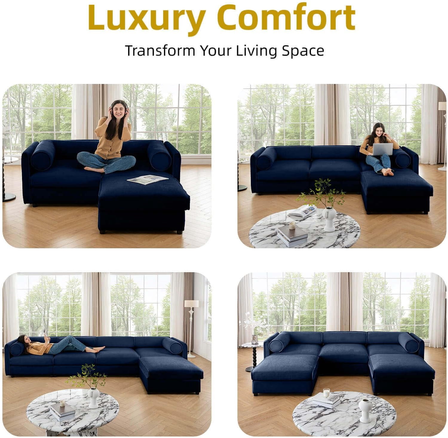 142.5'' Deep Seat Chenille L Shape Storage Seat with Ottoman,Cylindrical Backrest & Armrest Design,Modern 4-Seater Sectional Couches for Living Room, Office, Apartment - Green