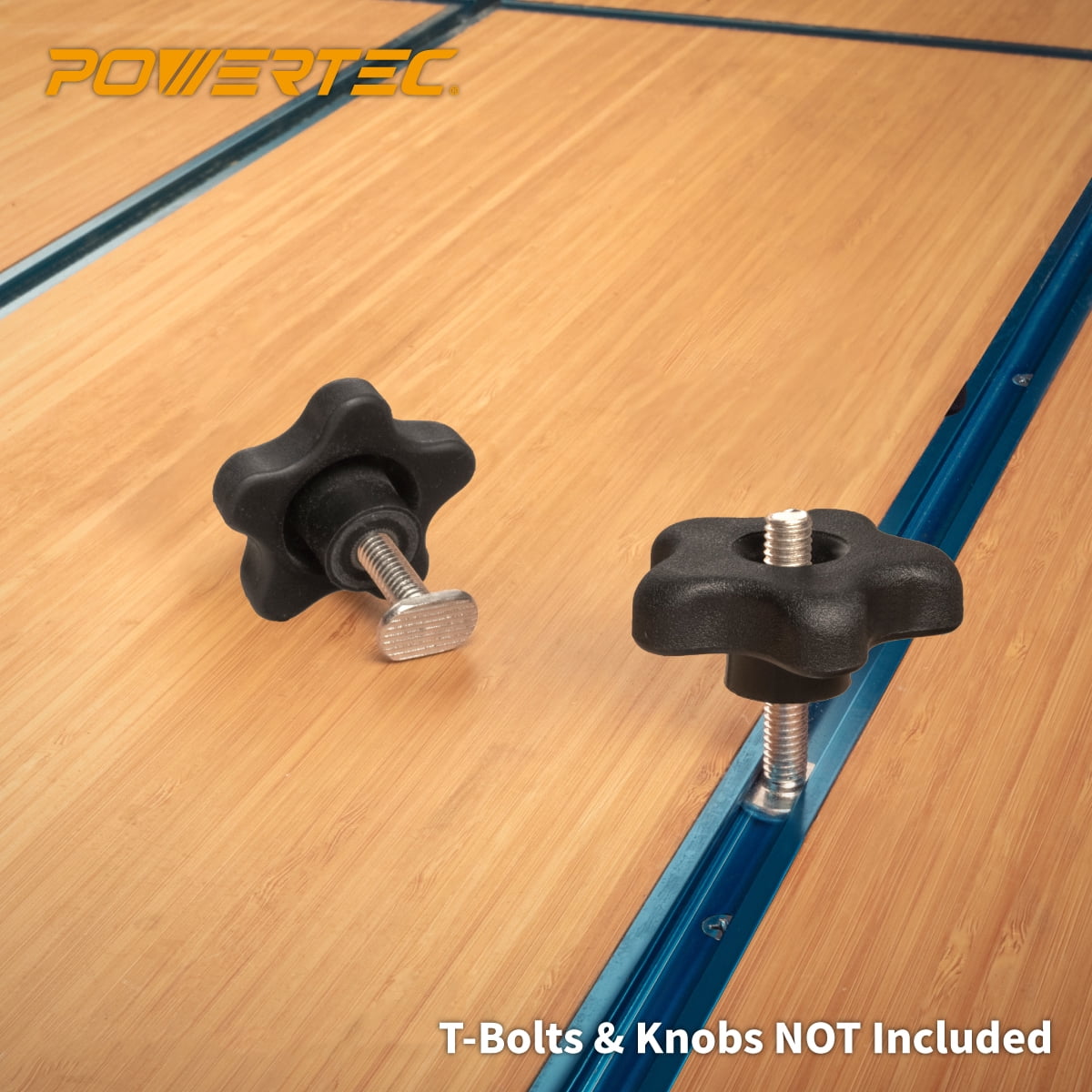 POWERTEC 71890 24" Double-Cut Profile T-Track and 10PK T-Track Knob Kit w/ 7-Star 1/4 Threaded Knob, Bolts and Washers, For Woodworking Jigs