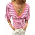thumbnail image 2 of Gynyvoja Women'S Reversible V-Neck Short Sleeve Striped Fitted Cropped T-Shirt Pink S, 2 of 9