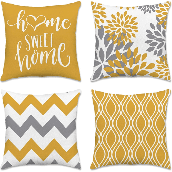 Geometric Yellow Pillow Covers 18x18 Set of 4, Decorative Outdoor Boho Modern Throw Pillow Covers, Home Sweet Home Farmhouse Cushion Case for Couch Sofa Bedroom Indoor Decor(No Insert)