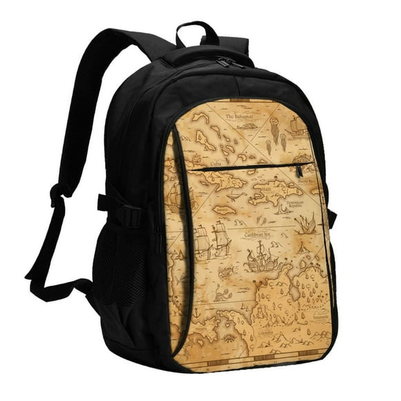 Wukai Old Vintage Map Of Sea Travel Laptop Backpack: Business Water-Resistant Bag with USB Charging Port, Ideal College Backpack for Men & Women