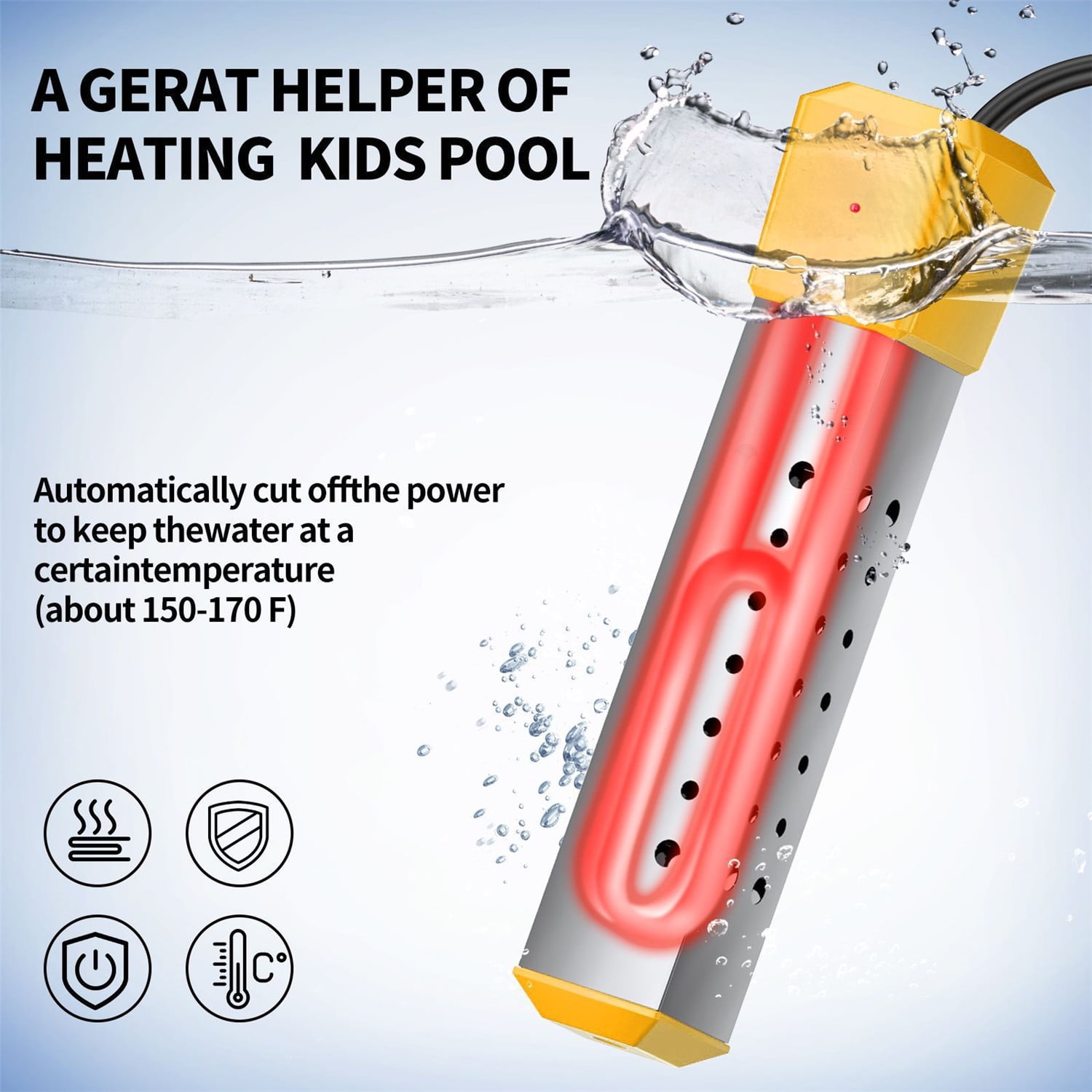 Immersion Water Heater with Temperature Control, 2000W Thermostat Portable Water Heater, Submersible Bucket Water Heater with Stainless Steel Guard, for Mini Pool, Bathtub, Travel