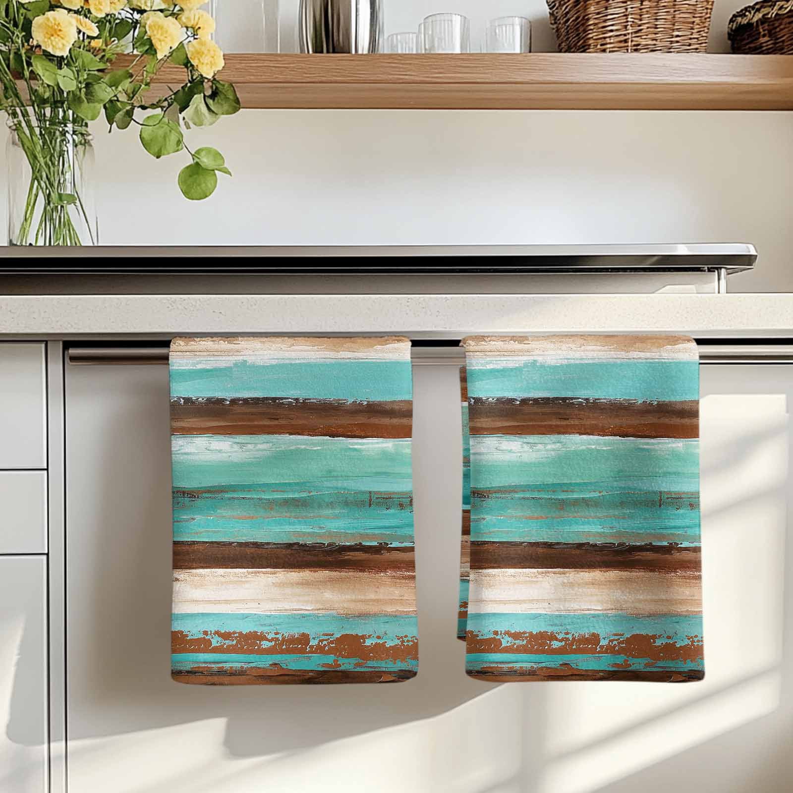 Turquoise Brown Kitchen Towels Set of 3, Watercolor Modern Abstract Striped Absorbent Dish Towels for Kitchen, Microfiber Hand Towel, Quick Drying Tea Towel for Cleaning Decorative Dishcloths