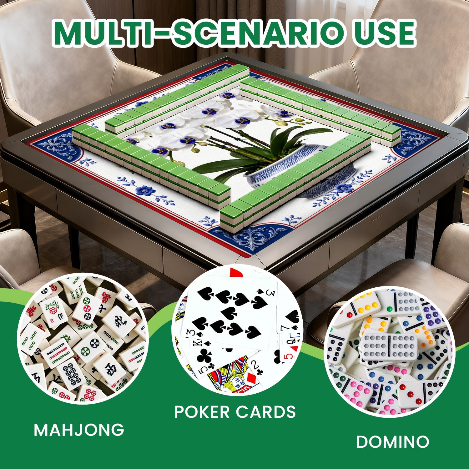 Mahjong Mat 31.5" x 31.5" Elegant White Orchids Blue White Porcelain Bowl Red Non-Slip Noise Reduction Mahjong Tiles Table Cover for Dominoes Poker Card Board and Tile Games
