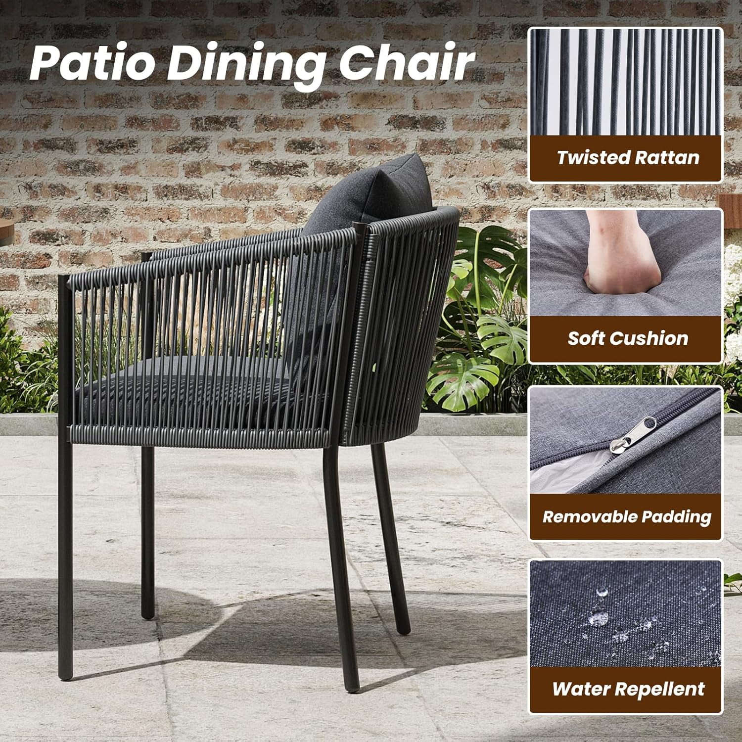 STARY Outdoor Dining Patio Chairs Set of 2, Rattan Wicker Bistro Chairs with Cushions for Garden, Deck, Backyard, Poolside