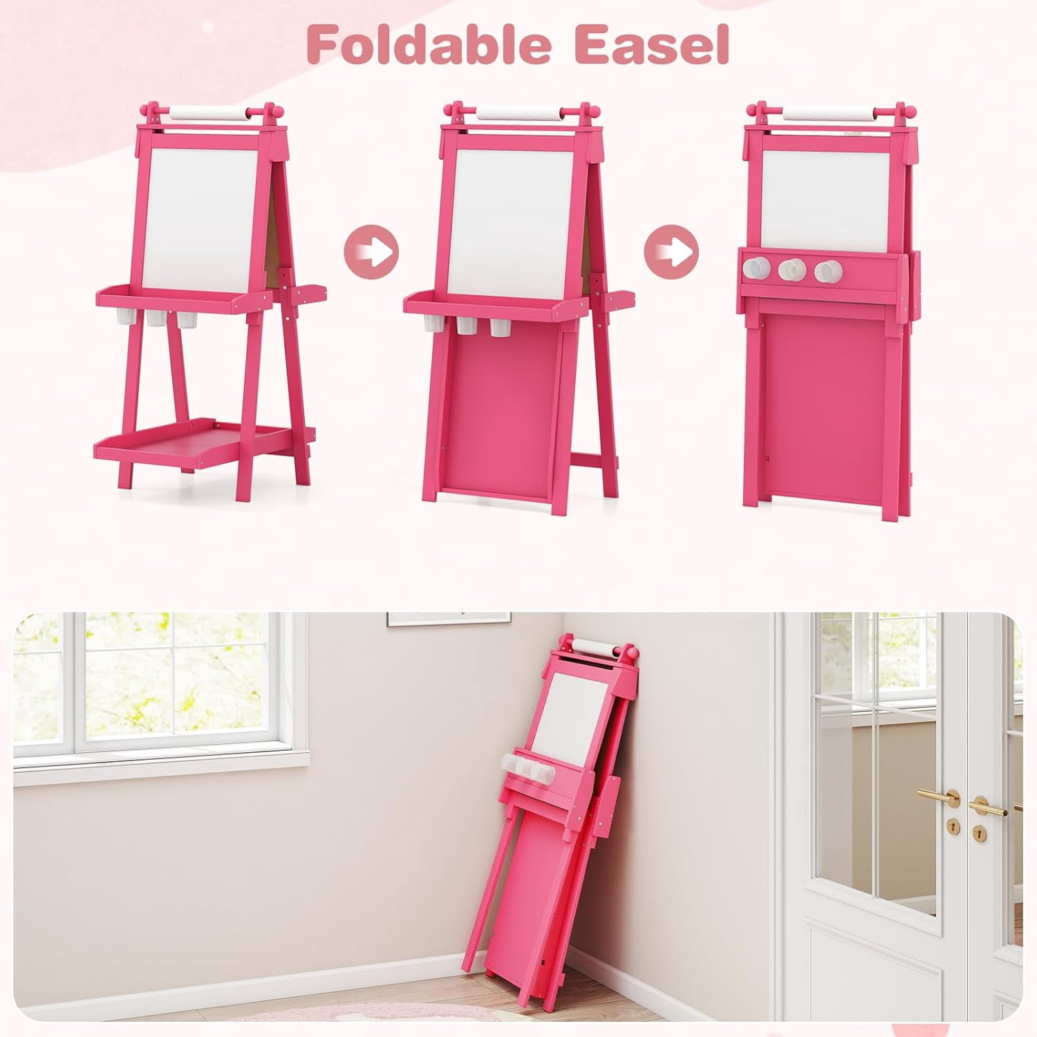 OLAKIDS Easel for Kids, 3 in 1 Adjustable Painting Art Board, Foldable Double-Sided Wooden Drawing Chalkboard Magnetic Whiteboard with Paper Roll, Storage Rack, Cups for Boy Girls